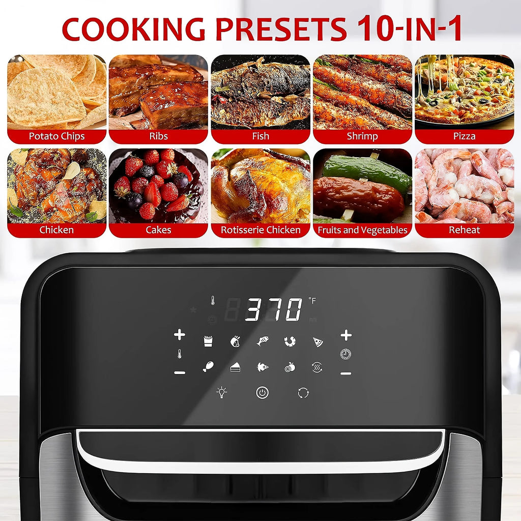 12.7Qt Air Fryer, 1700W Stainless Steel Convection Oven with 10 Preset Cooking Modes, LED Touch Screen, View Window, Accessories