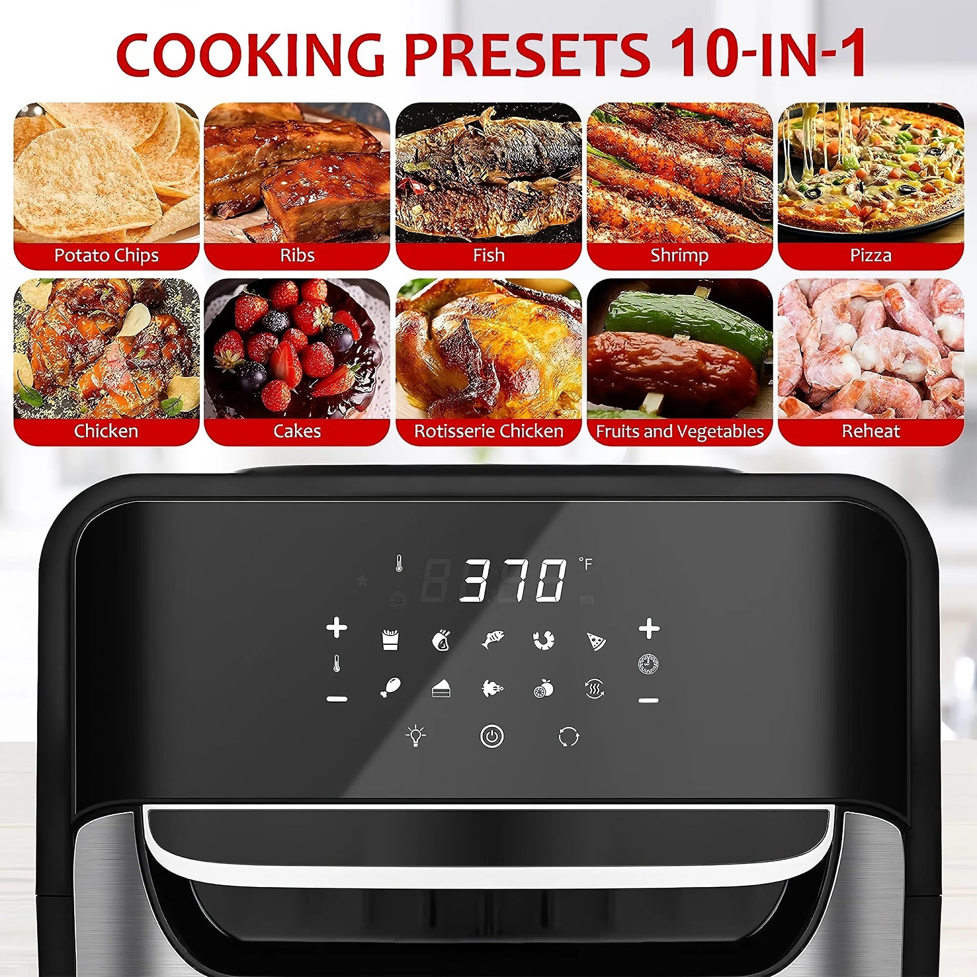 12.7Qt Air Fryer, 1700W Stainless Steel Convection Oven with 10 Preset Cooking Modes, LED Touch Screen, View Window, Accessories