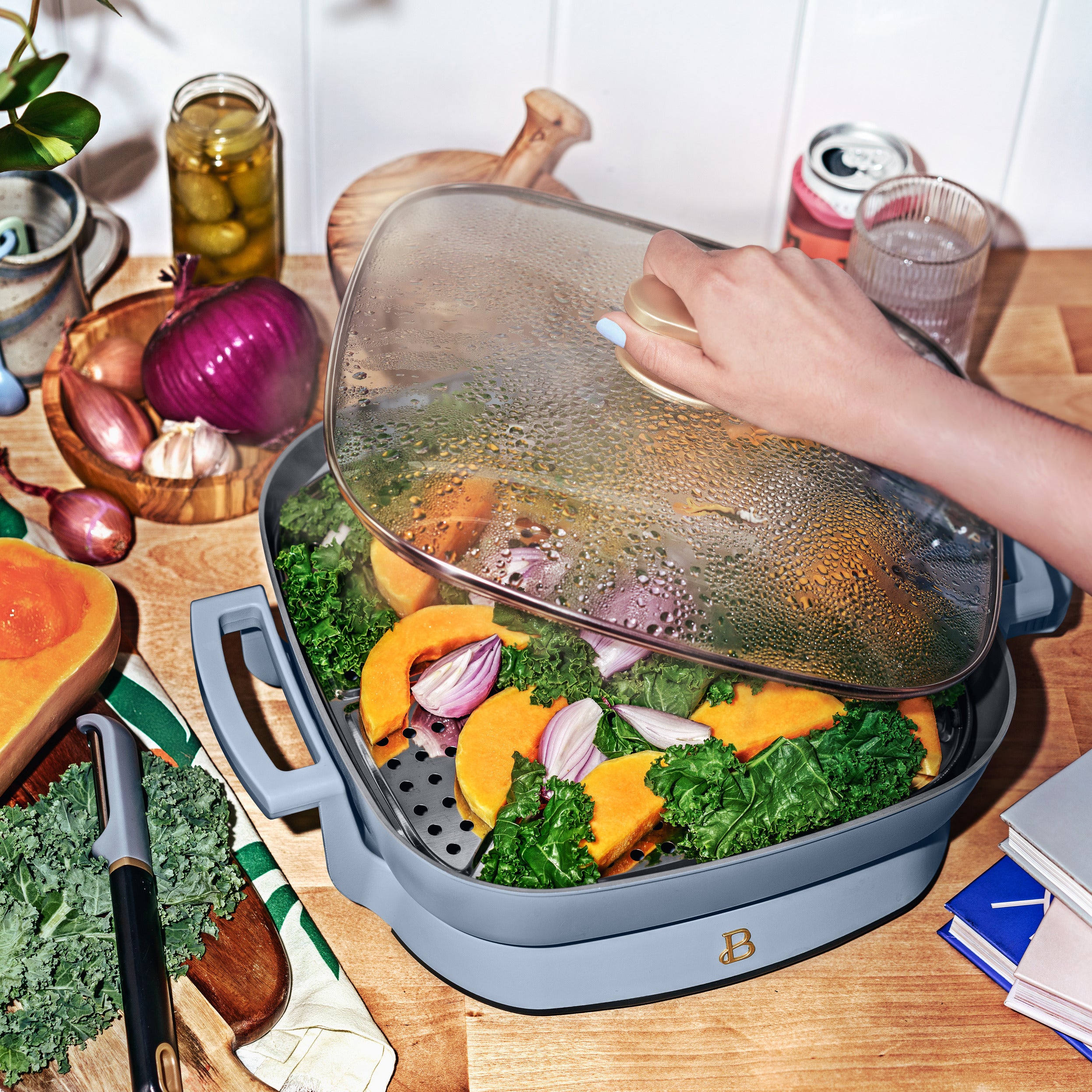 Beautiful 5 in 1 Electric Skillet - Expandable up to 7 Qt with Glass Lid, White Icing by Drew Barrymore