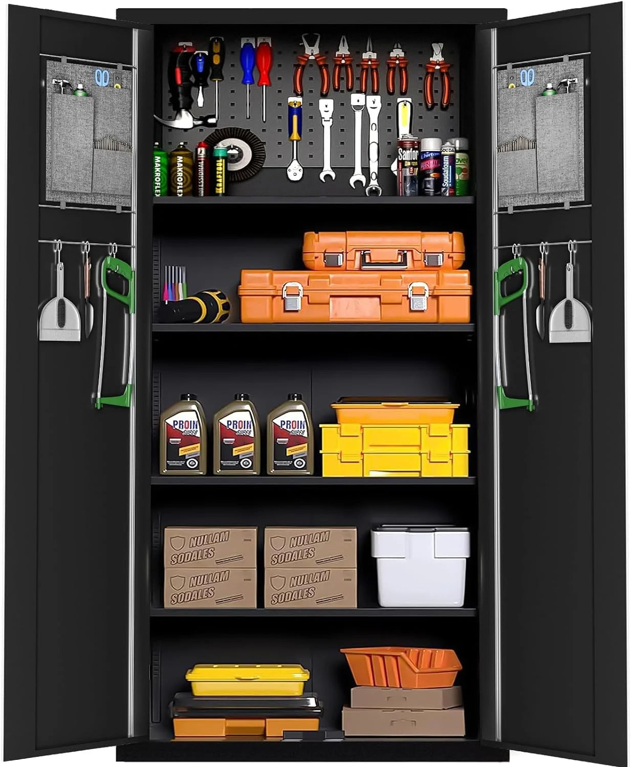 72" Metal Garage Storage Cabinet with Pegboard and Adjustable Shelves Black Multifunctional Locking Cabinet for Home, Office, Warehouse,Basement