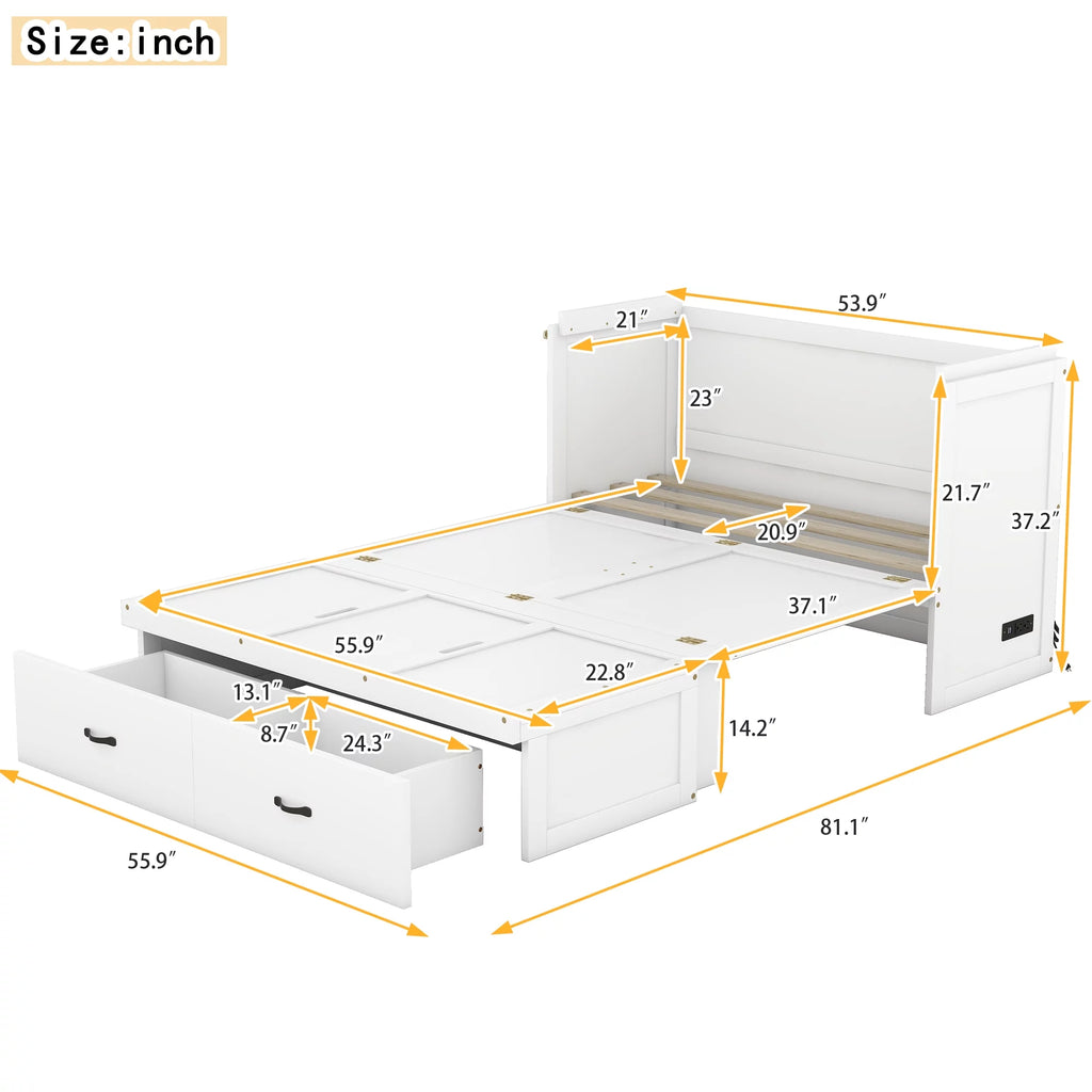 Bed Frame Wood Platform Bed with USB Port and a Large Drawer, Headboard and Guardrail, Wood Slat Support Bedframe No Box Spring Need Mattress Foundation(White, Full)