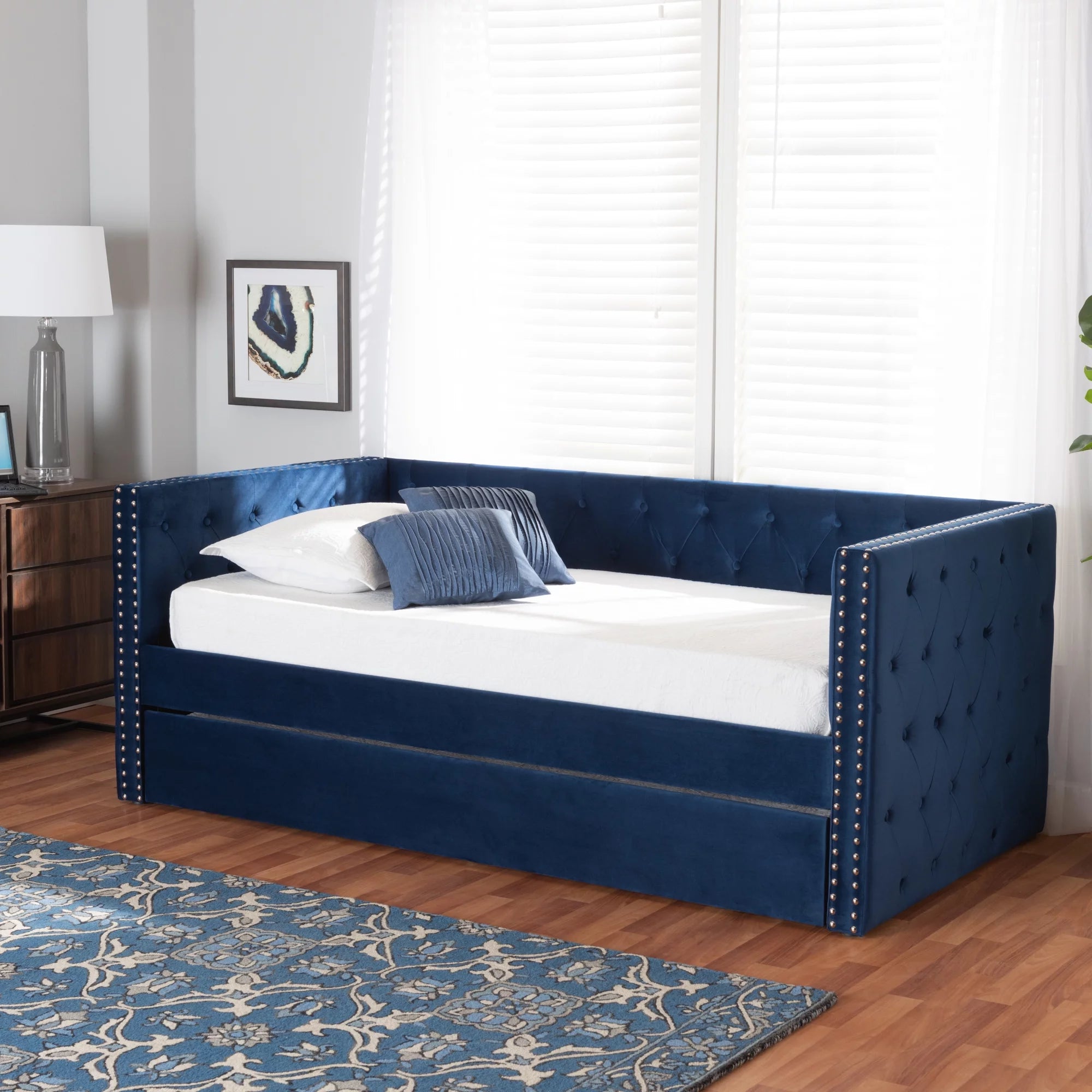 Baxton Studio Larkin Contemporary Upholstered with Trundle Daybed, Twin, Navy Blue
