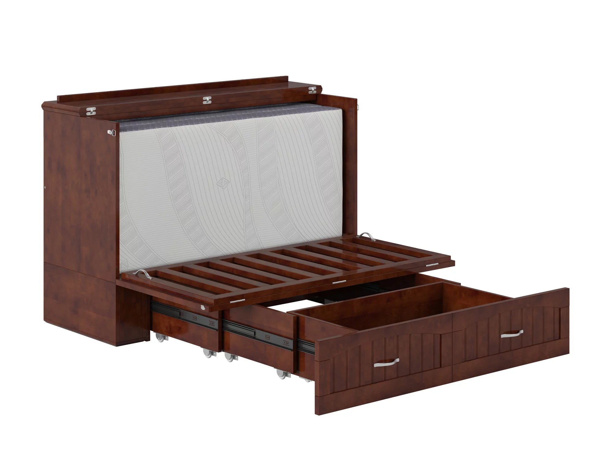 AFI Southampton Full Wood Murphy Bed Chest with Mattress, Drawer & Charger in Walnut