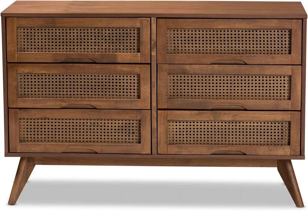 Barrett -Century Modern Walnut Brown Finished Wood And Synthetic Rattan 6-Drawer Dresser