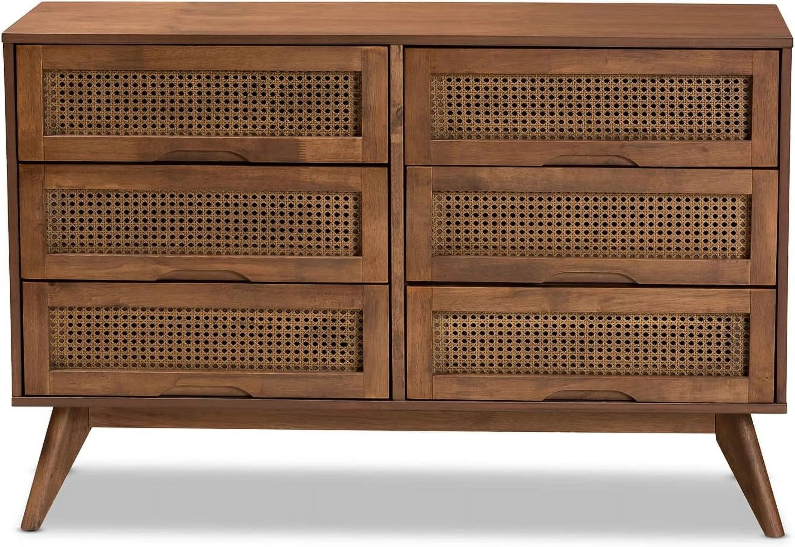 Barrett -Century Modern Walnut Brown Finished Wood And Synthetic Rattan 6-Drawer Dresser