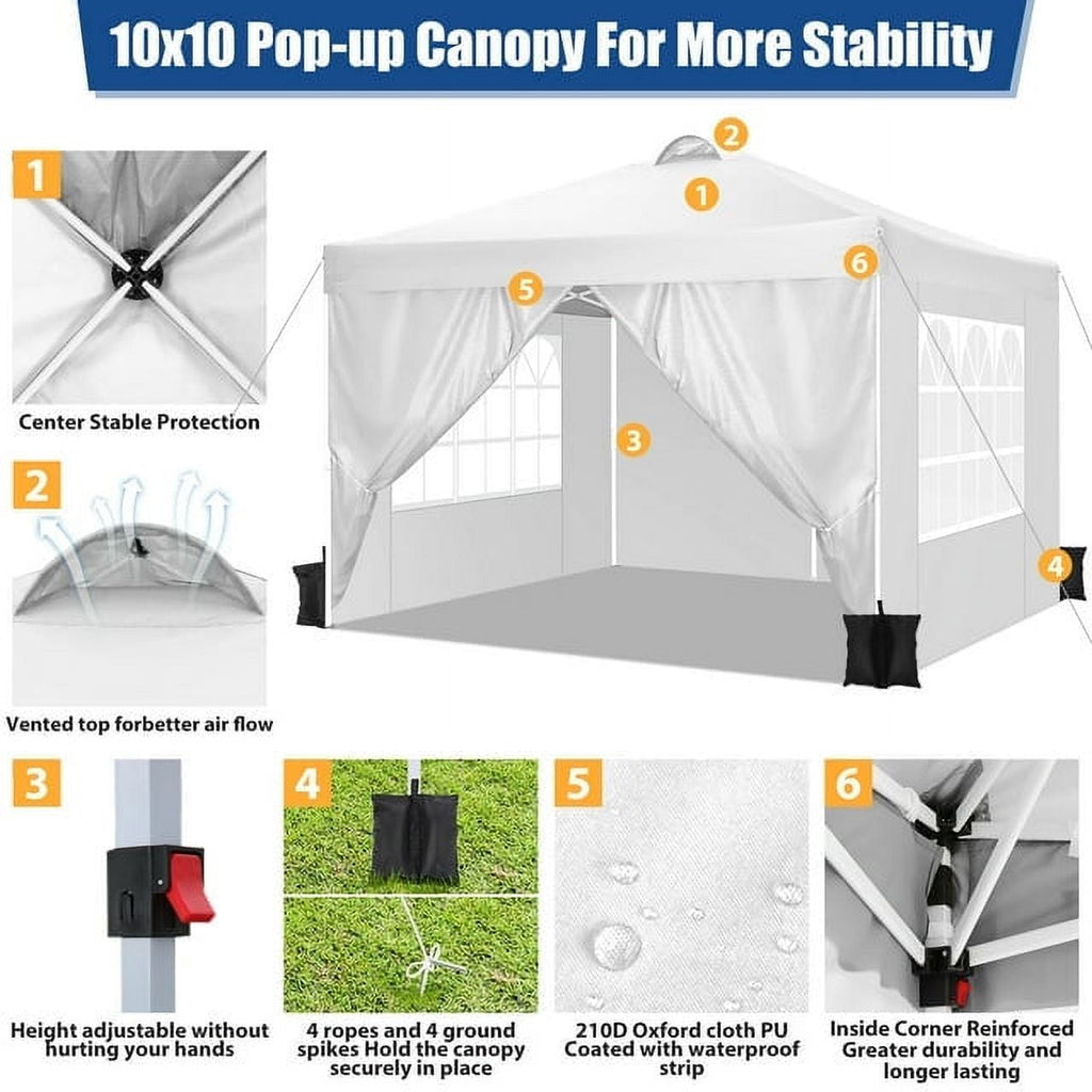 10'x10' EZ Pop Up Canopy with Top Vent, Large Commercial Tent, Waterproof and Sunproof with 4 Removable Sidewalls, Suitable for Weddings come with 4 Sandbags (Black)