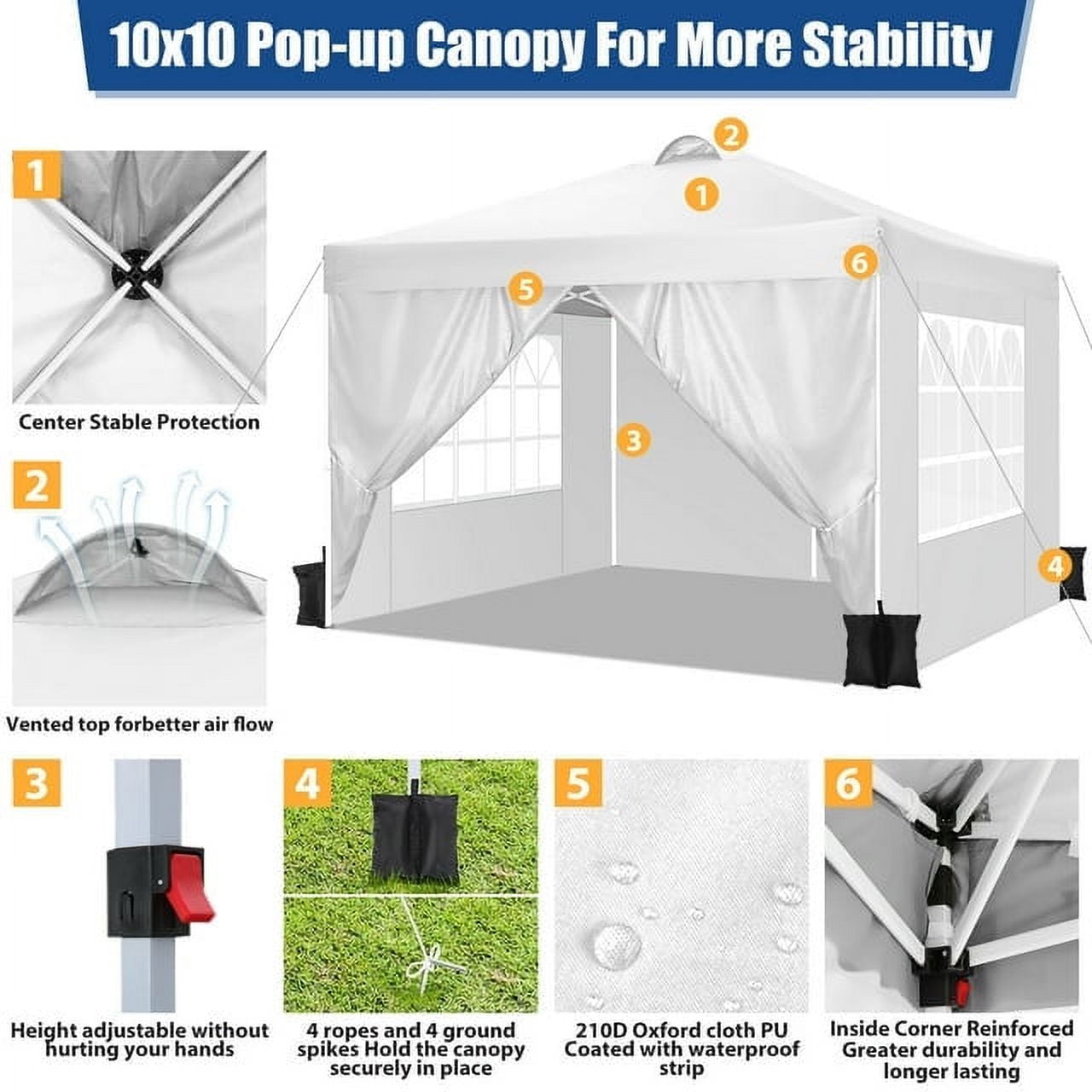 10'x10' EZ Pop Up Canopy with Top Vent, Large Commercial Tent, Waterproof and Sunproof with 4 Removable Sidewalls, Suitable for Weddings come with 4 Sandbags (Black)