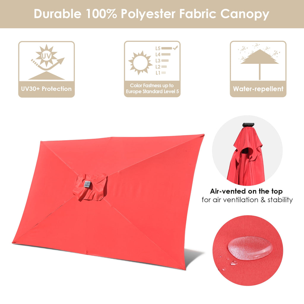 10x6.5ft Rectangle Outdoor Patio Beach Market Aluminium Umbrella Sun Shade Solar Powered Led Light Crank Tilt (Red)