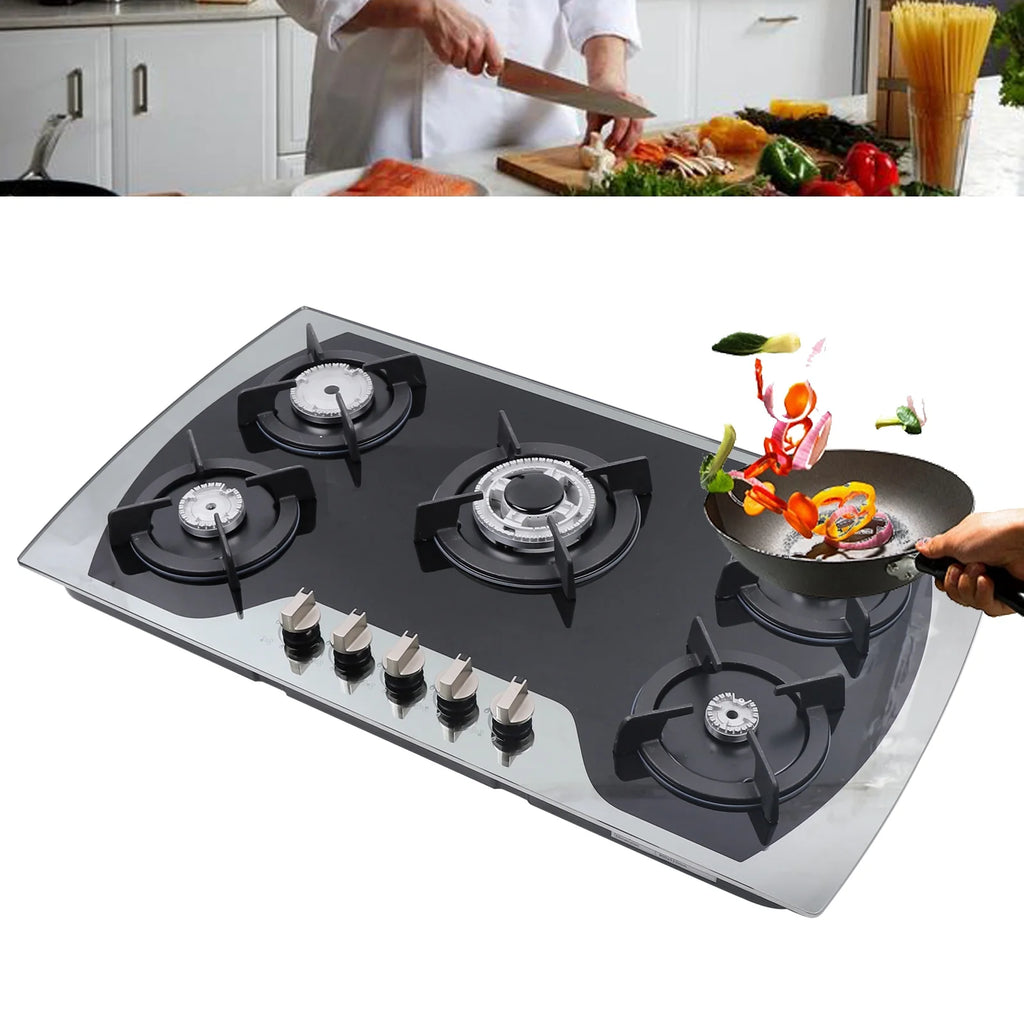 35 Inch Built-in Gas Cooktop 5 Burners Gas Stove Gas Hob Stovetop Stainless Steel Cooktop Cast Iron Grates, Black