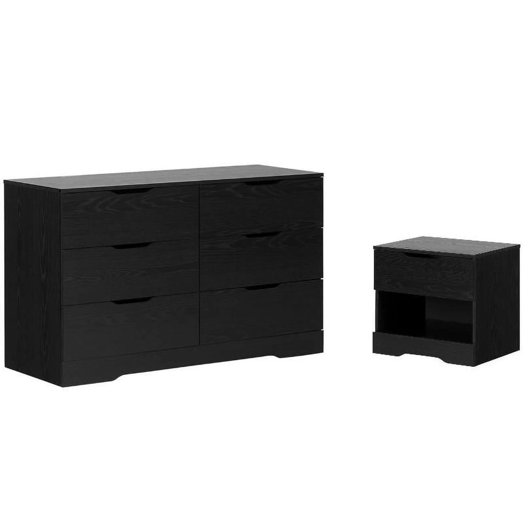 6 Drawer Double Dresser and 1 Drawer Nightstand Bedroom Set in Black Oak