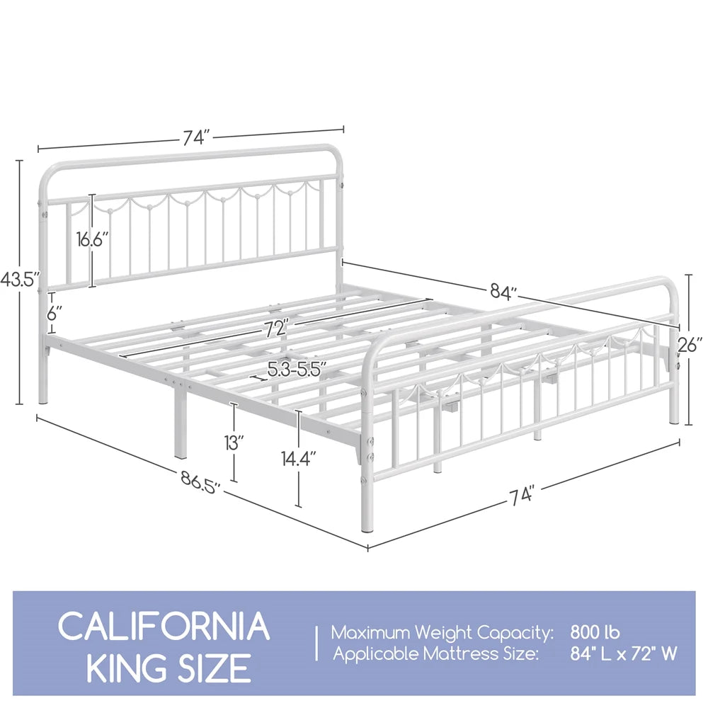 Alden Design Metal Platform Bed with Vintage Headboard and Footboard, California King Size, White