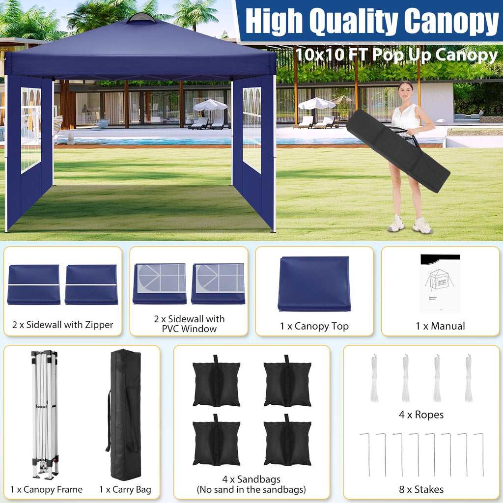 10'x10' EZ Pop Up Canopy with Top Vent, Large Commercial Tent, Waterproof and Sunproof with 4 Removable Sidewalls, Suitable for Weddings come with 4 Sandbags (Black)