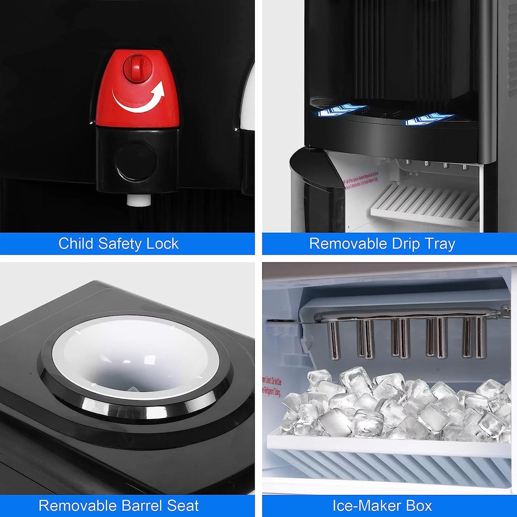 2-in-1 Water Cooler Dispenser with Built-in Ice Maker Machine, Water Dispense for 3-5 Gallon Water Bottles, ETL Approved Stainless Steel Water Dispense with Hot & Cold Water, Child Safety Lock, Black