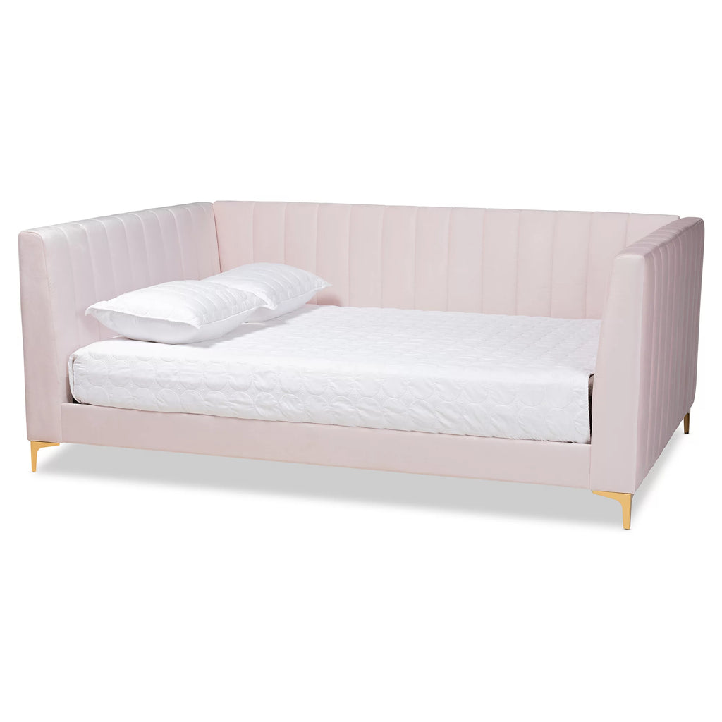 Baxton Studio Oksana Modern Contemporary Glam and Luxe Light Pink Velvet Fabric Upholstered and Gold Finished Queen Daybed