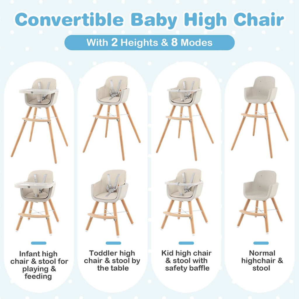 Babyjoy 3 in 1 Convertible Wooden High Chair Toddler Feeding Chair with Cushion Beige