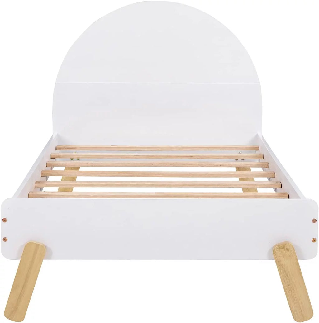 Bed Frames For Kids, Wood Cute Platform Bed With Curved Headboard, Size Bed With Shelf Behind Headboard For Boys Girls, No Box Spring Needed (White)