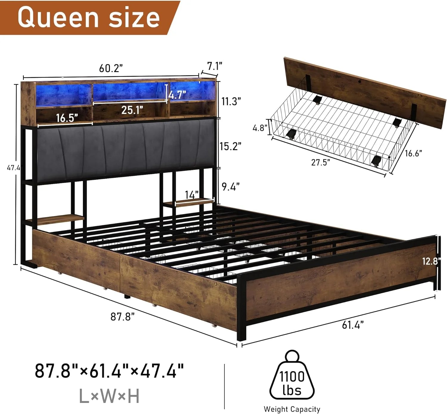 ANPOO LED Bed Frame Queen Size with Bookcase Headboard and 4 Drawers & Outlet Station, Industrial Metal Platform Bed Frame, No Box Spring Needed, Noise-Free, Vintage Brown-Queen