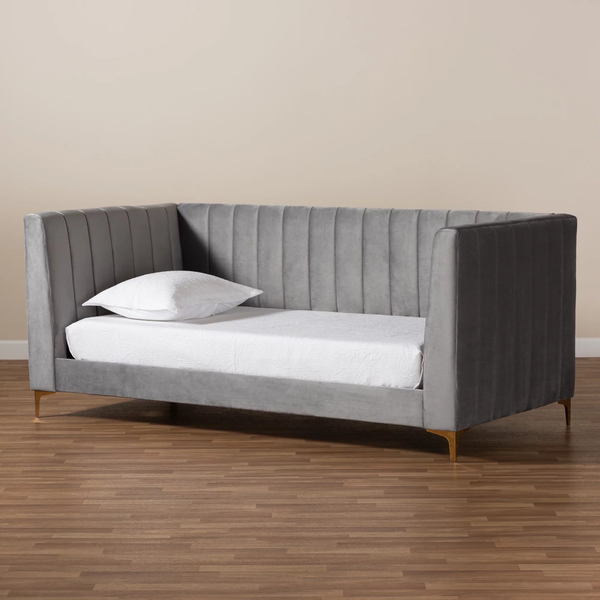 Baxton Studio Oksana Modern Contemporary Glam and Luxe Light Grey Velvet Fabric Upholstered and Gold Finished Twin Daybed