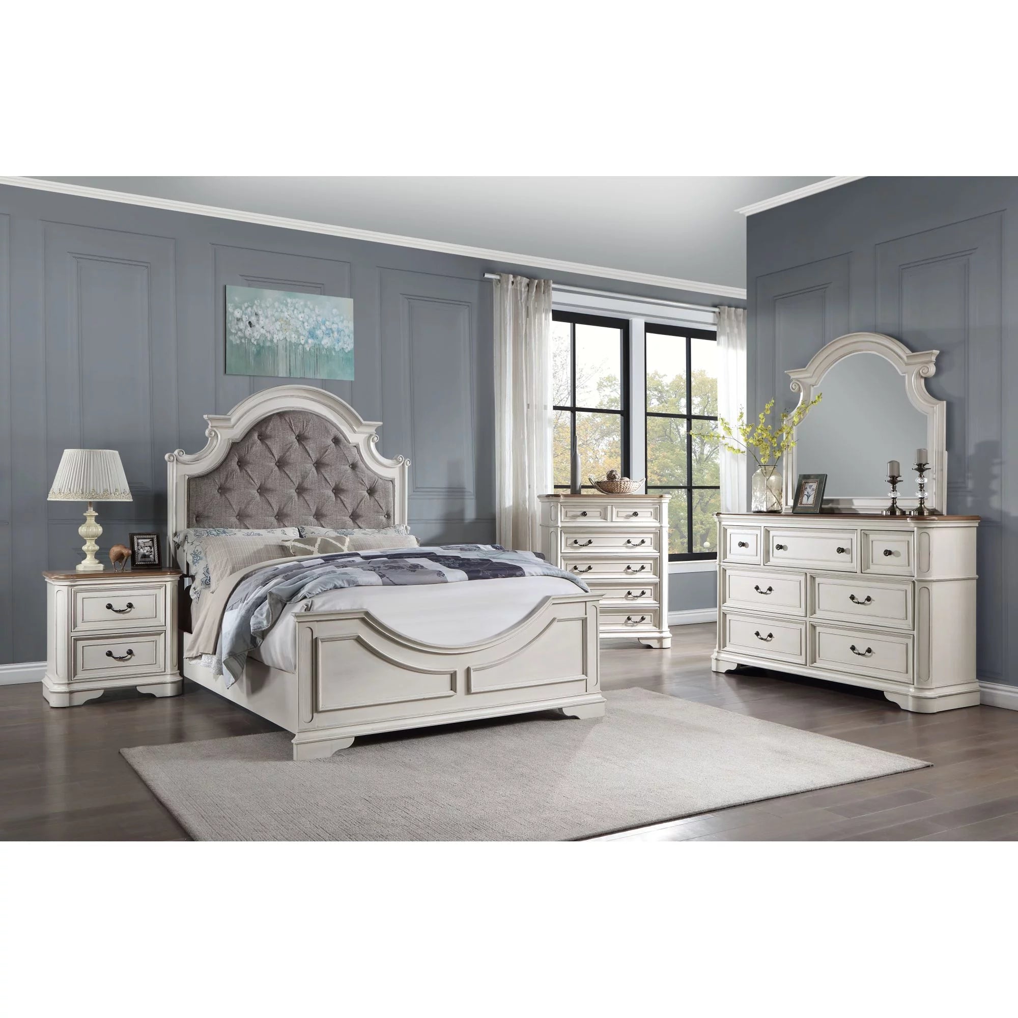 ACME Florian Queen Bed in Gray Fabric & Antique White Finish BD01648Q