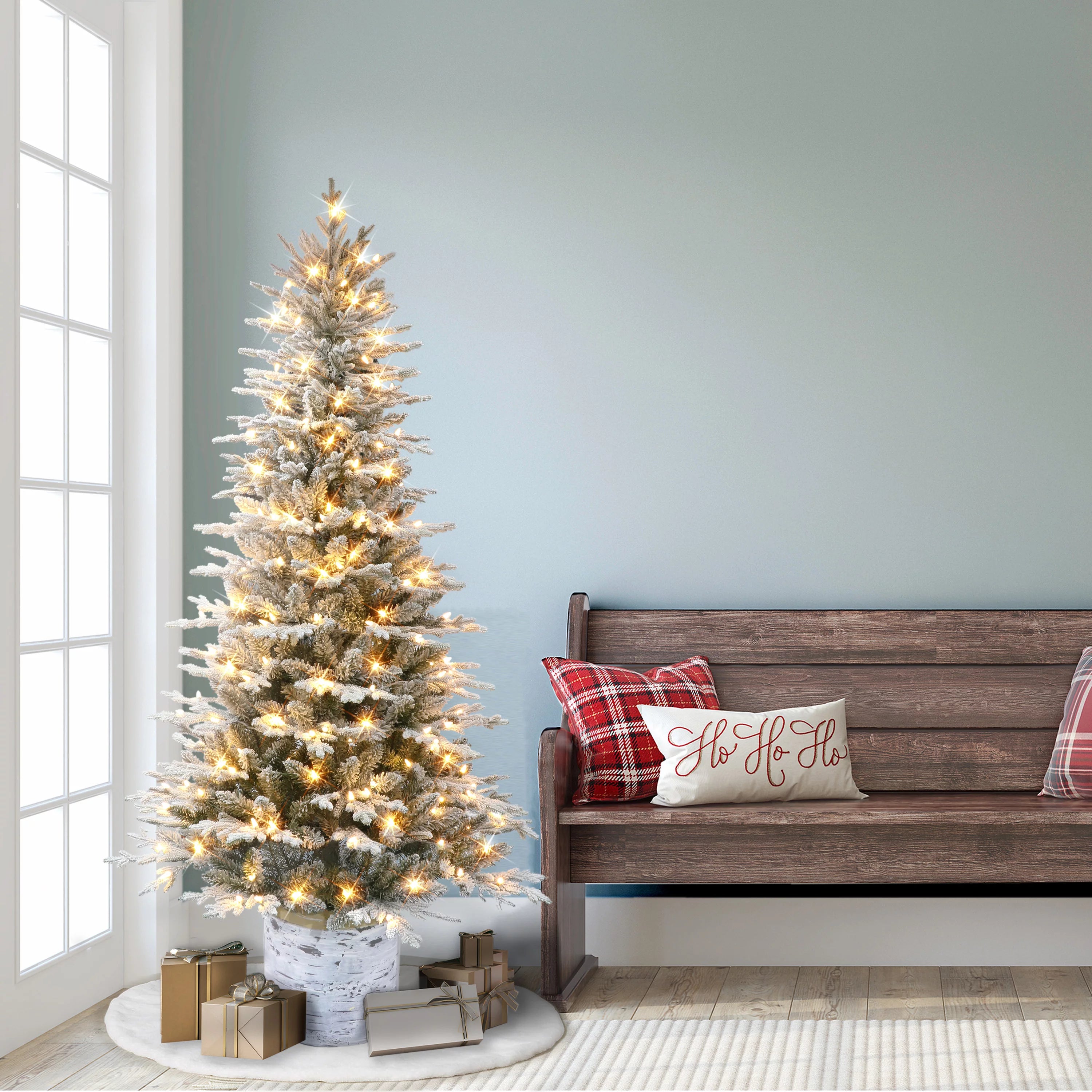 6 ft Pre-lit Potted Flocked Arctic Fir Tree 1277 Tips 200 Warm White LED Lights