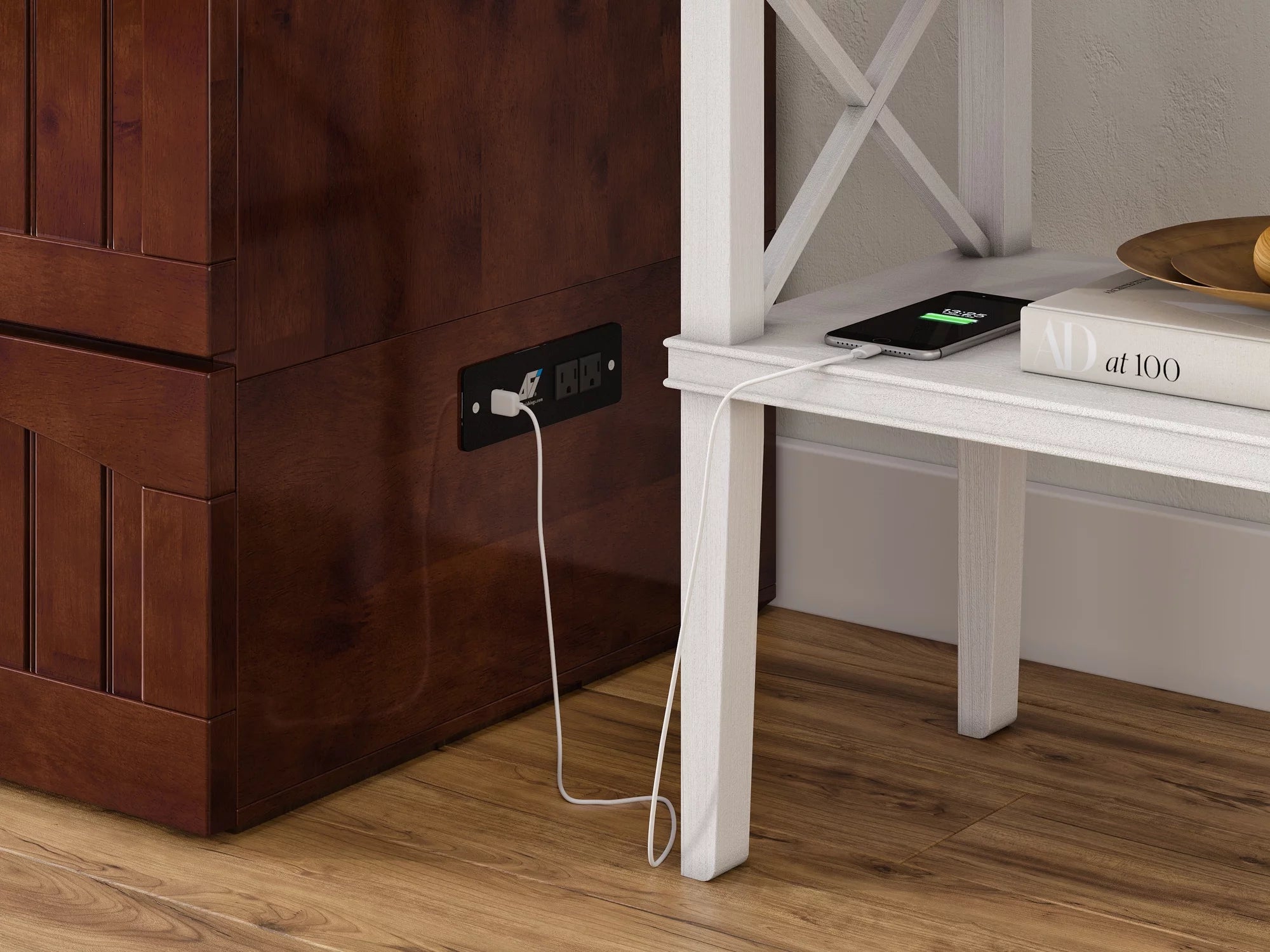 AFI Southampton Full Wood Murphy Bed Chest with Mattress, Drawer & Charger in Walnut