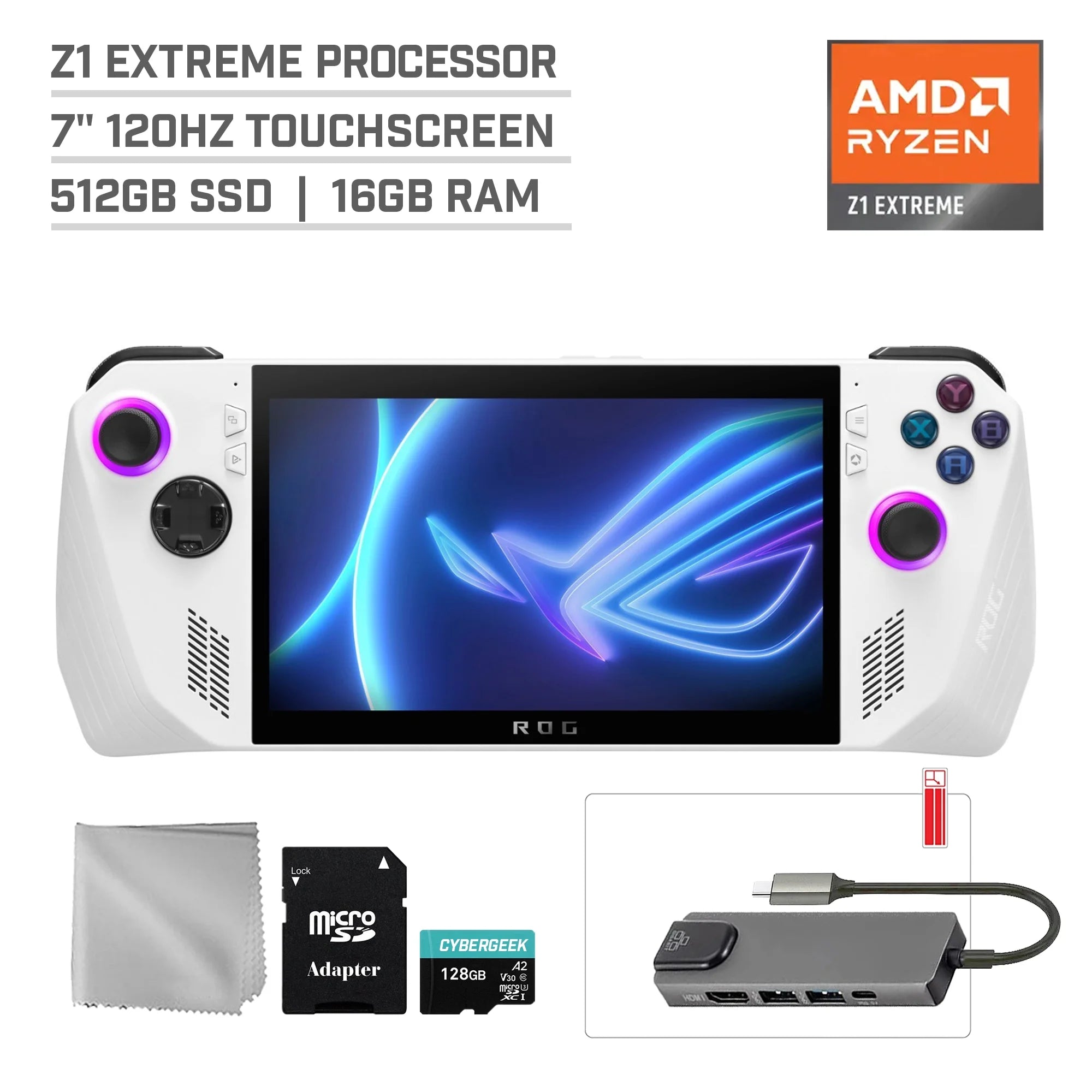 ASUS ROG Ally 512GB Gaming Handheld 7-inch Touchscreen 120Hz FHD 1080p AMD Ryzen Z1 Extreme Processor, Mytrix Hub, 128GB MicroSD Card, 4 Accessories: 5 in 1 Bundle