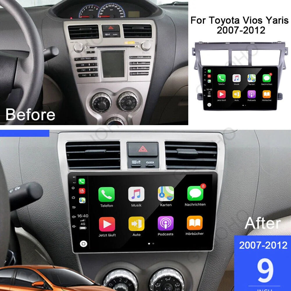 2+32G Android Radio Stereo fit 2007-2012 Toyota Yaris 9" 1280*720 HD in-Dash GPS Navigation CarPlay Android Auto