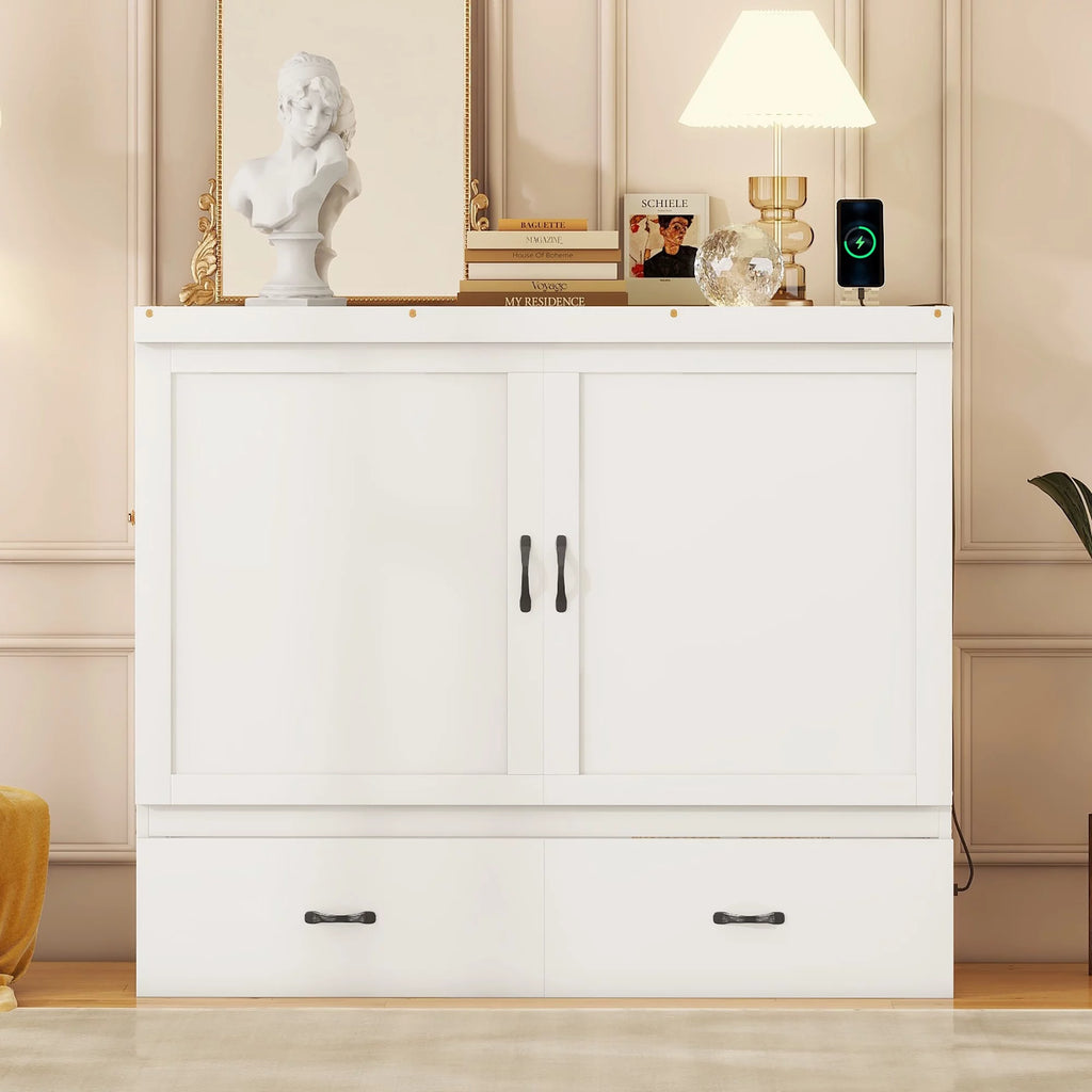 Bed Frame Wood Platform Bed with USB Port and a Large Drawer, Headboard and Guardrail, Wood Slat Support Bedframe No Box Spring Need Mattress Foundation(White, Full)