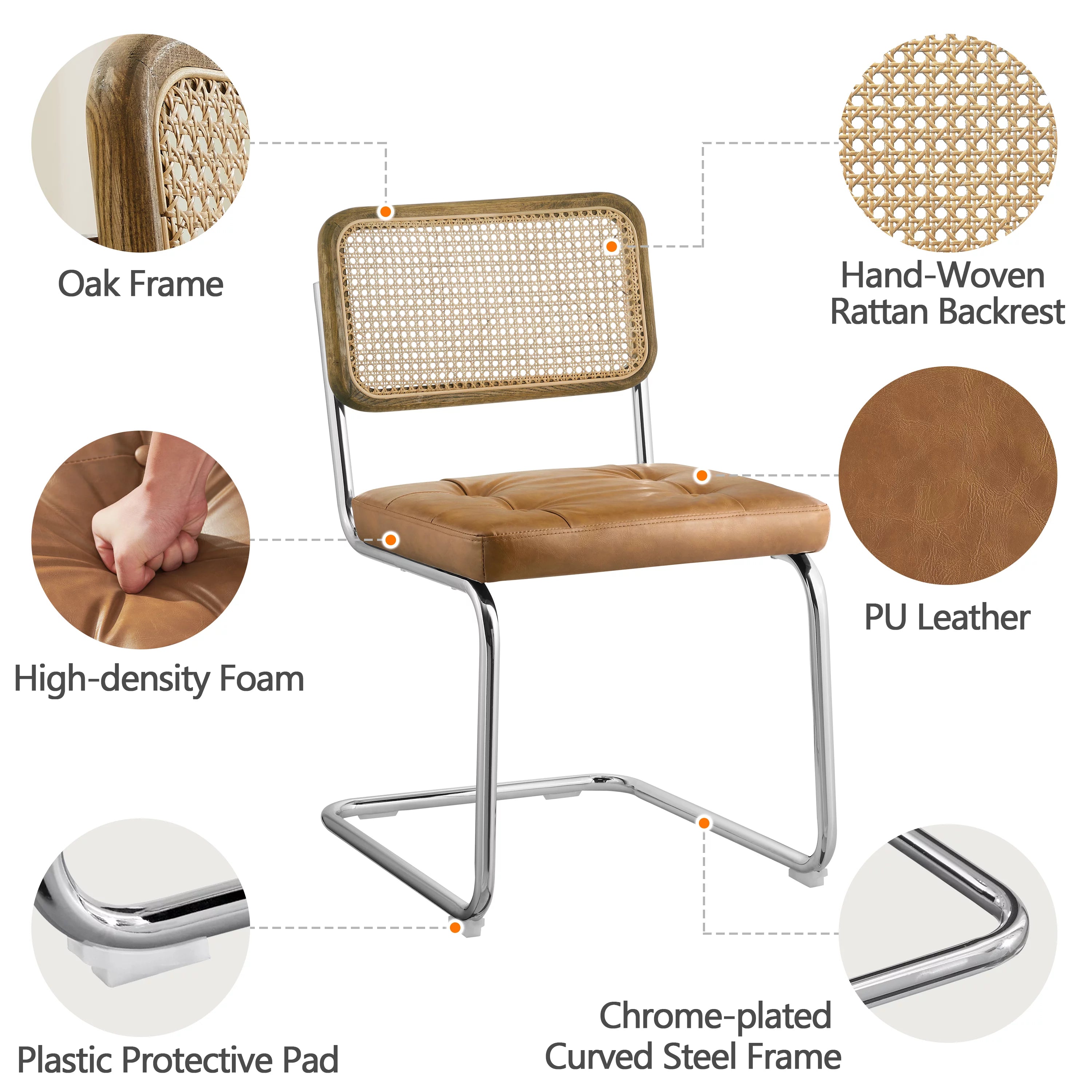 Art Leon Dining Chairs Set of 2,Rattan Upholstered Side Chairs with Cane Back, Faux Leather Dining Room Chairs, Yellow Brown