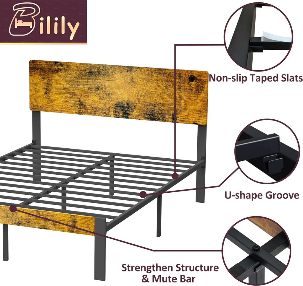 Bed Frame with Wooden Headboard and Footboard, Metal Platform Bed Frame with Strong Steel Slat Support, Mattress Foundation/No Box Spring Needed/Non-Slip/Noise Free (Queen)