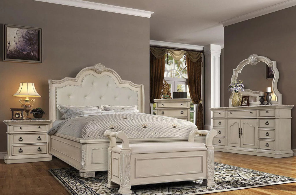 Antique White Wood Solids/Marble Queen Bedroom Set 4 McFerran B6007 Classic
