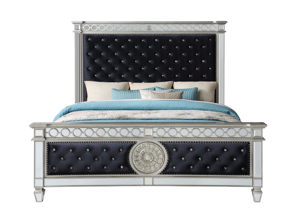 ACME Varian Tufted Upholstered Eastern King Bed in Black Velvet and Mirrored