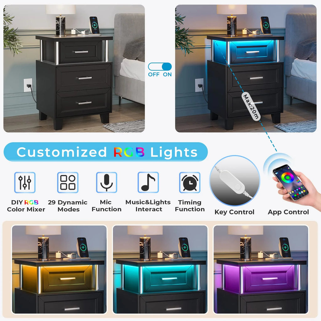 Afuhokles LED Nightstand with Charging Station, RGB Lights Night Stand for Bedroom, Bedside Table End Table with 3 Drawers, Black