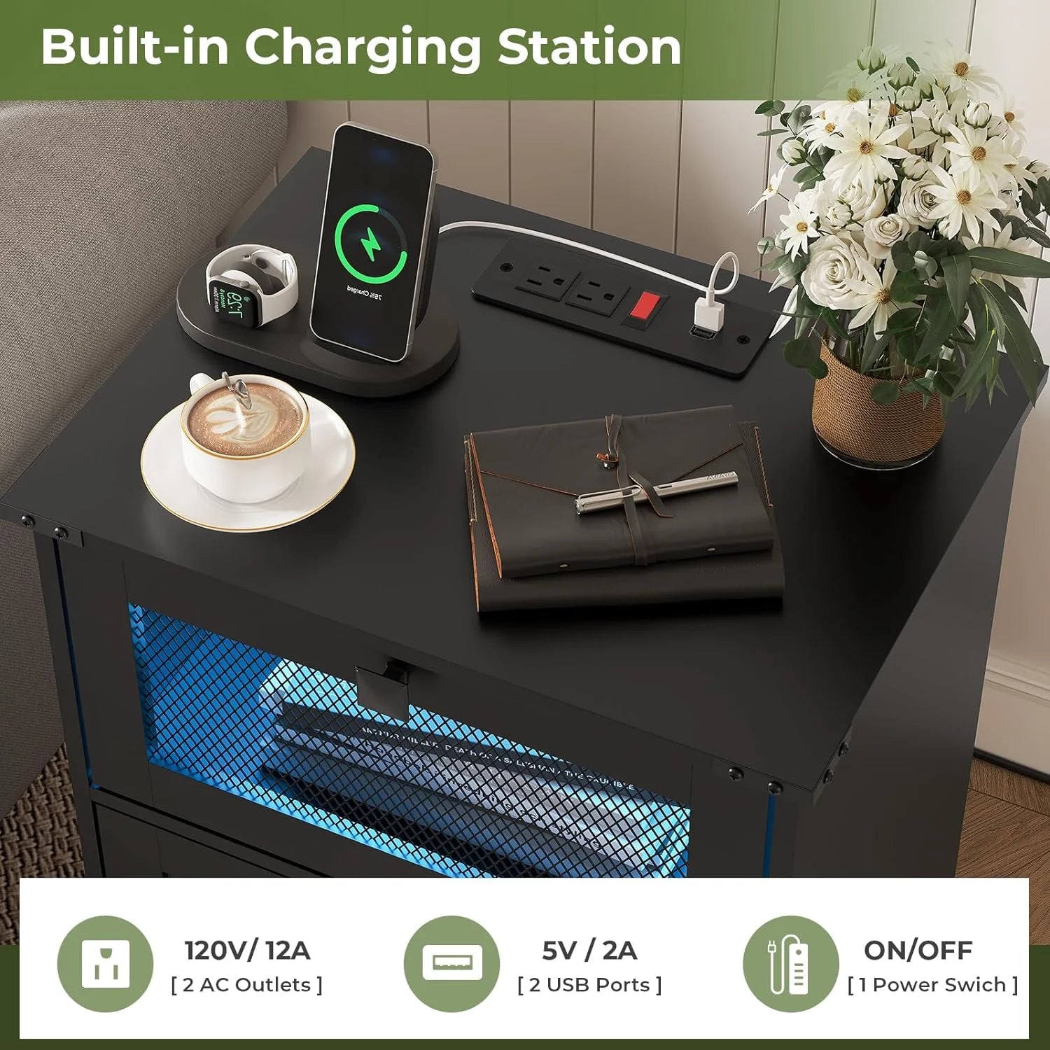 2 Drawers Nightstand with LED Light and Plug Charging Station, Farmhouse End Side Table with 2 Drawers and Open Cubby, Bedside Table for Bedroom,Black