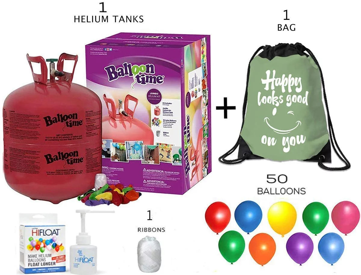 Balloon Time Disposable Helium Tank 14.9-50 Latex Party Balloons and Curling Ribbon + Hi float - Plus Drawstring Backpack Bag