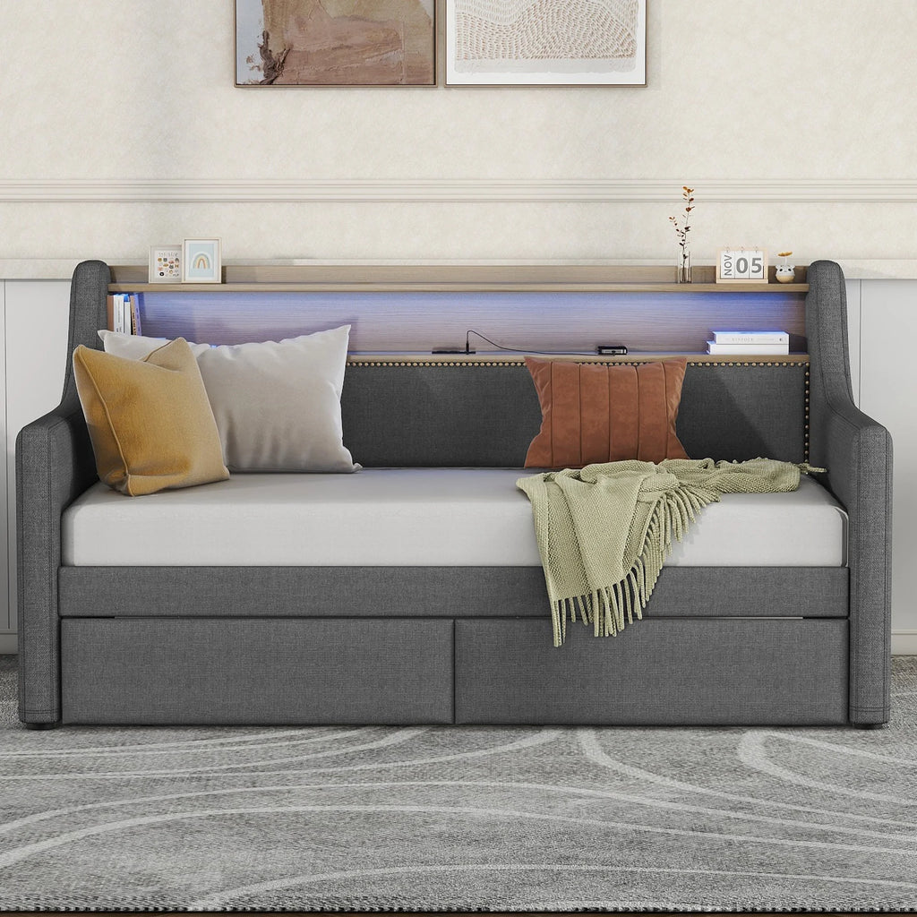 Belin Twin Size Daybed  with Charging Station and LED - Gray