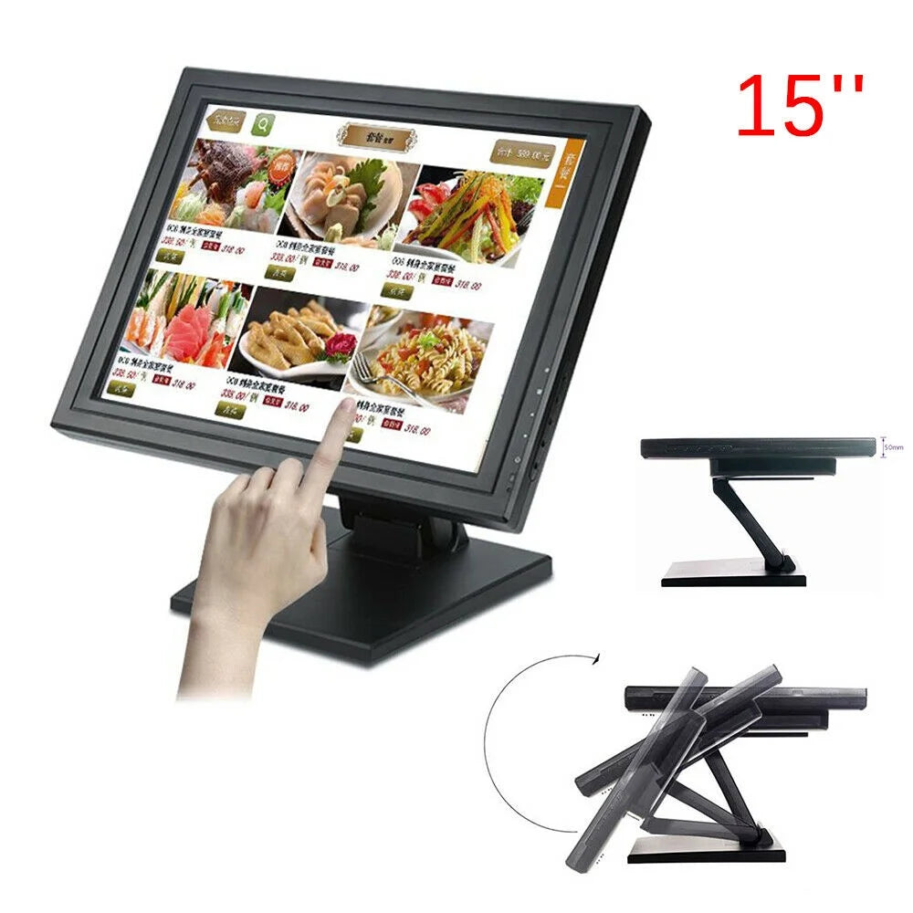 15 Inch LCD Touch Screen Monitor VGA/HDMI Stand VGA HDMI Ports w/ Power Adapter 15" Inch Commercial POS Touch Screen Monitor USB VGA HDMI for Retail Restaurant LED Display POS Monitor