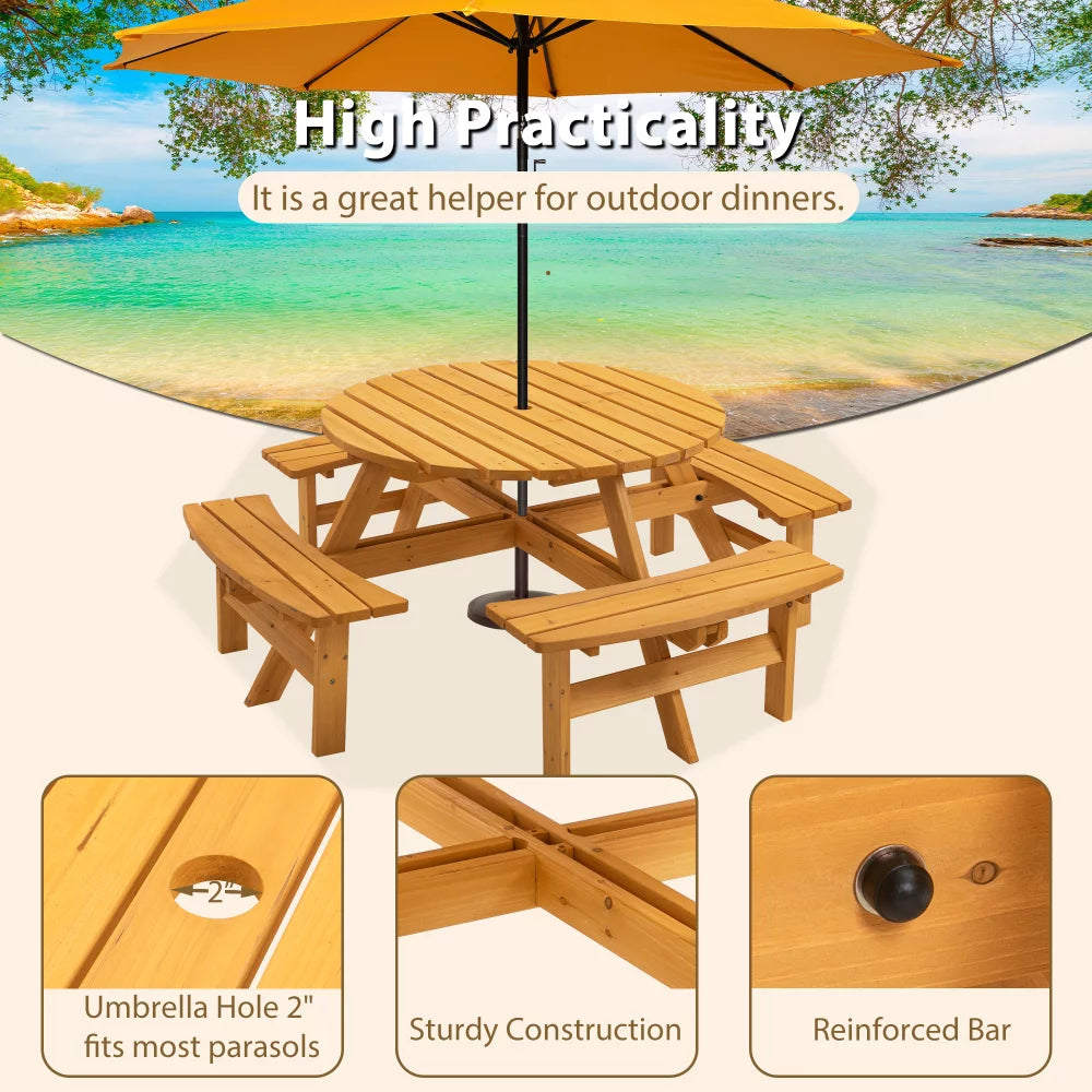 8-Person Circular Outdoor Wooden Picnic Table for Patio, Backyard, Garden, DIY w/ 3 Built-in Benches, 2000lb Capacity - Natural