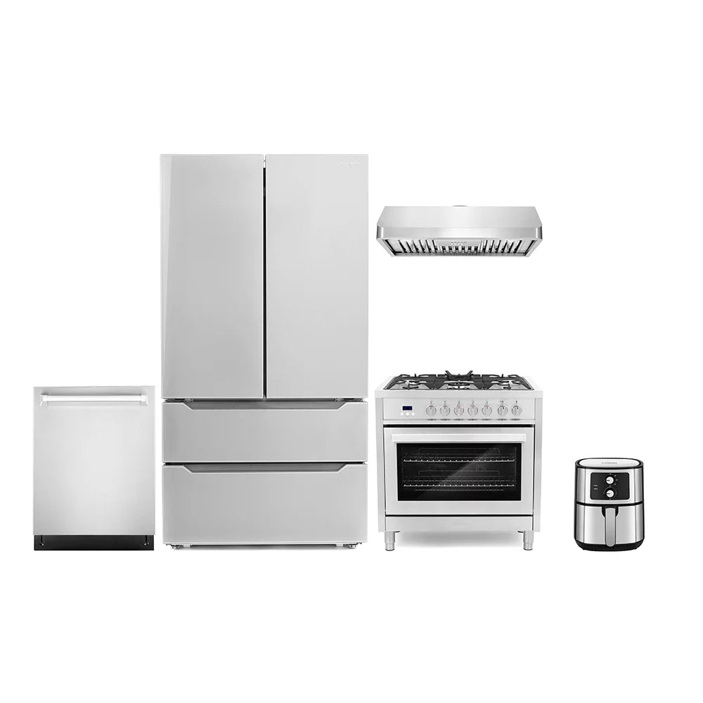 5 Piece Kitchen Package with 36" Freestanding Dual Fuel Range 36" Under Cabinet Range Hood 24" Built-in Fully Integrated Dishwasher French Door Refrigerator & 5.5L Electric Hot Air Fryer