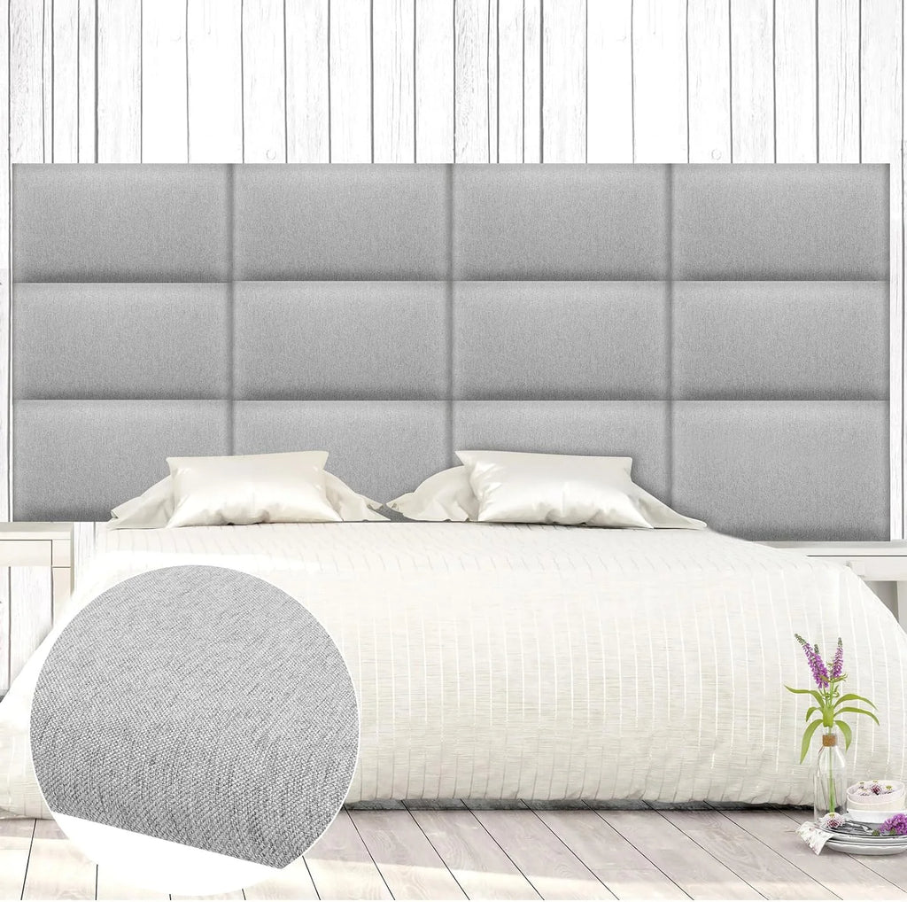 12 Pcs Panels Upholstered Wall Mounted Headboard, 3D Soundproof Wall Panels Peel and Stick Headboards for Queen Size Bed, Sized 10 x 24 Inches, Grey