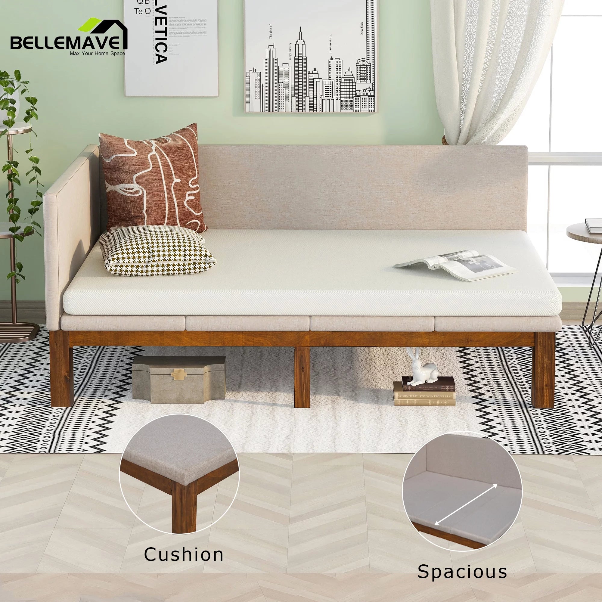 Bellemave Full Size Upholstered Daybed, Minimalist Wood Sofa Bed for Living Room, Bedroom (Beige)