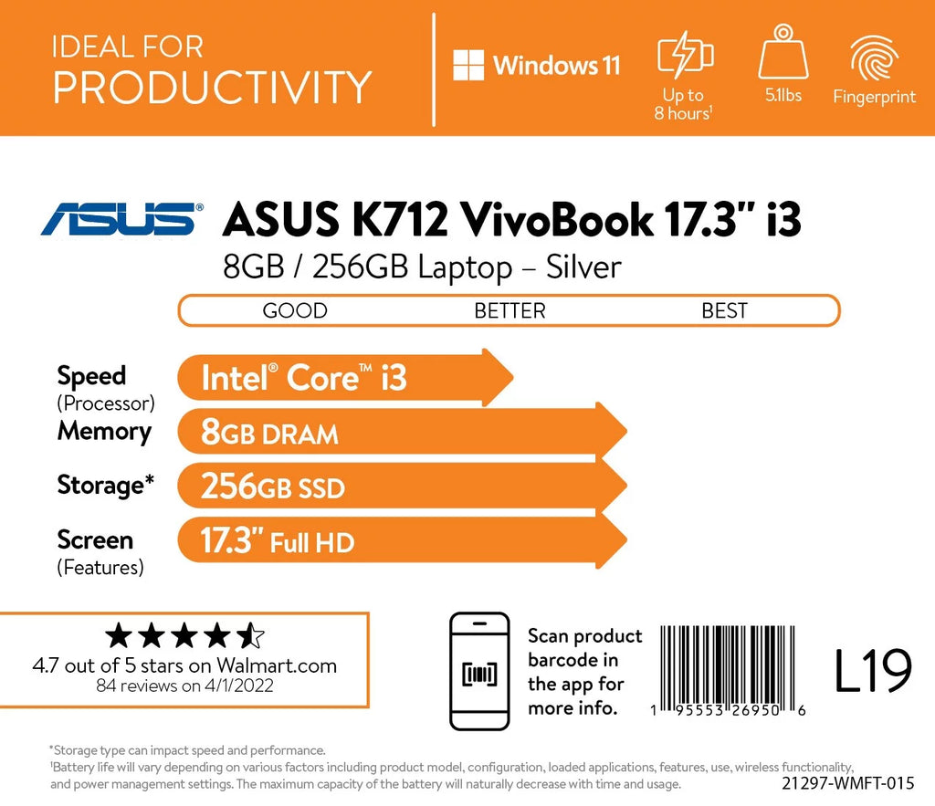 ASUS VivoBook17.3” FHD Laptop, Intel Core i3-1115G4, 8GB RAM, 256GB SSD, Transparent Silver, Windows 11 Home, K712EA-WH34