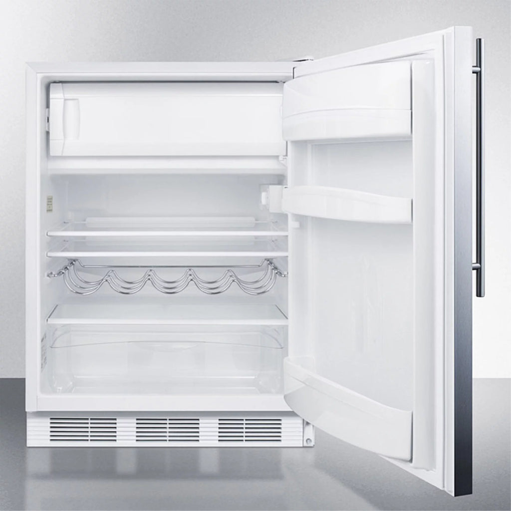 ADA compliant built-in undercounter refrigerator-freezer for residential use, cycle defrost w/deluxe interior, SS door, thin handle, and white cabinet