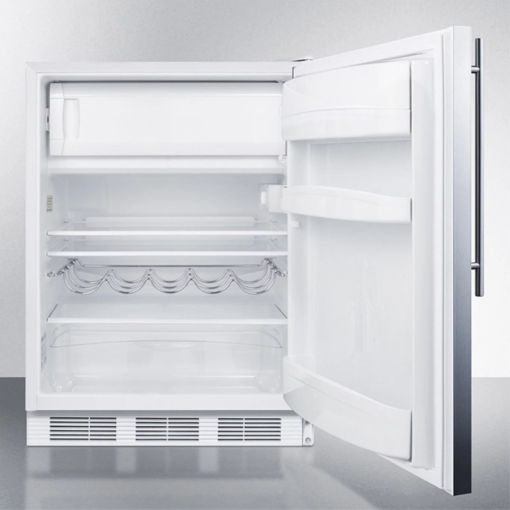 ADA compliant built-in undercounter refrigerator-freezer for residential use, cycle defrost w/deluxe interior, SS door, thin handle, and white cabinet