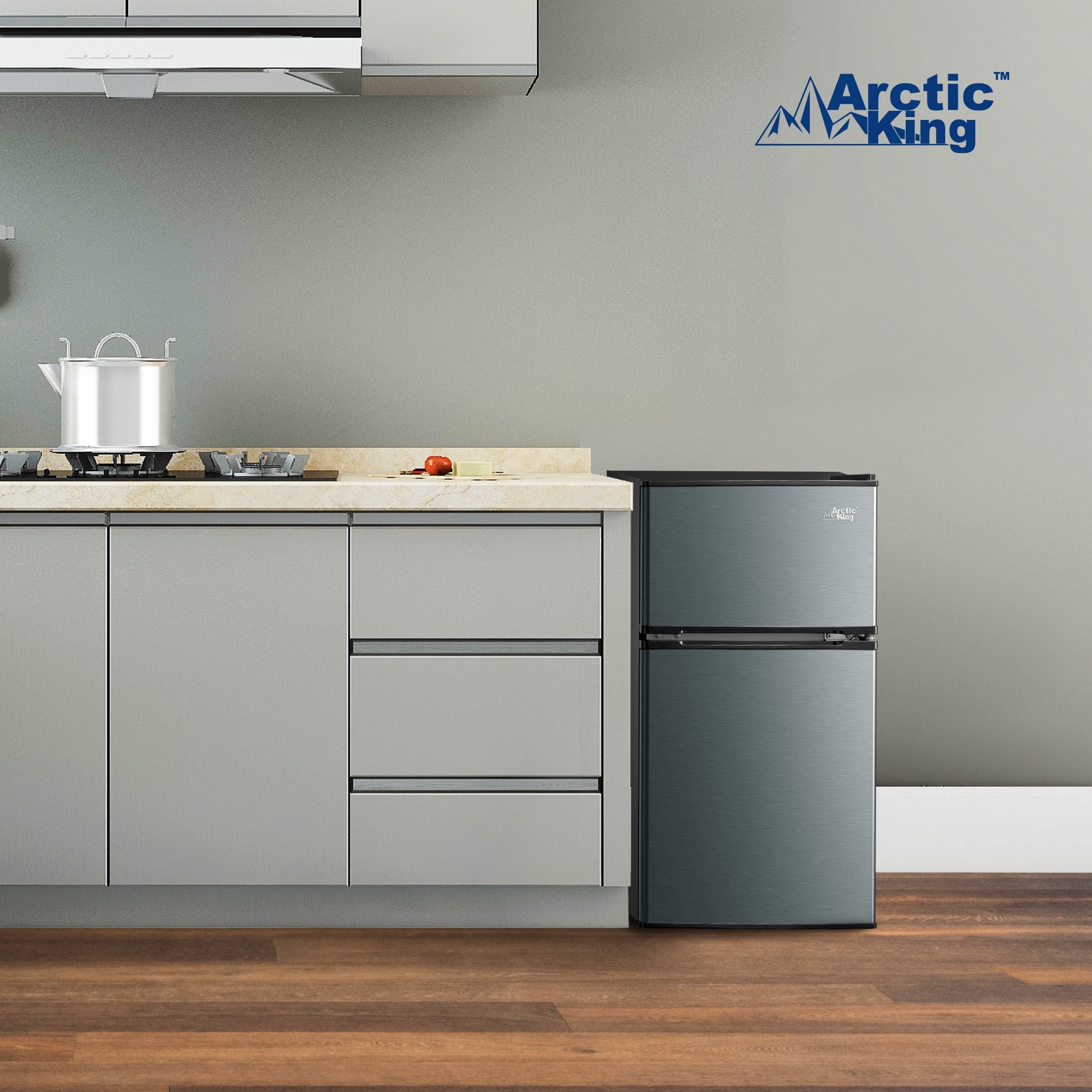 Arctic King 3.2 Cu ft Two Door Compact Refrigerator with Freezer, Black Stainless Steel look