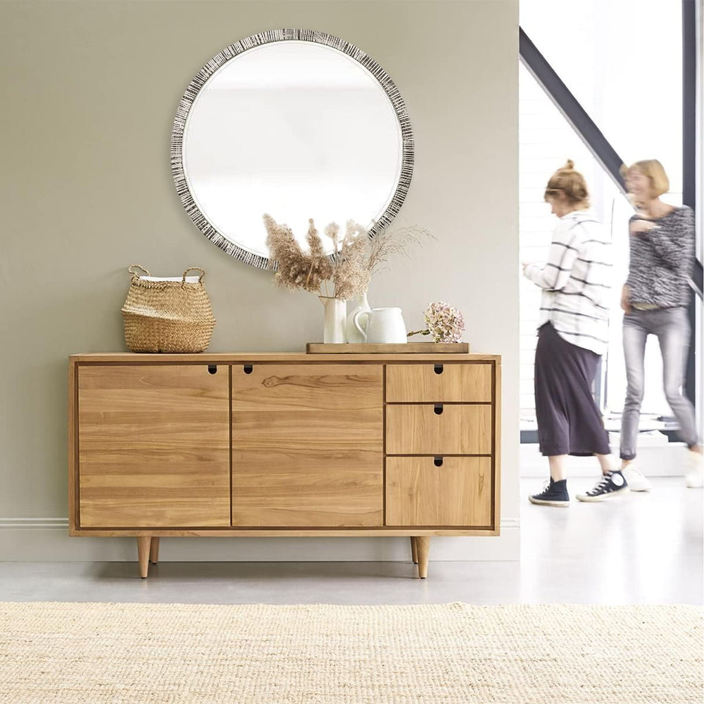 35" Wood Round Mirror, Rustic Wall Mirror with Thick Frame, Large Round Mirror for Wall Decor, Wooden Circle Beveled Mirror for Entryway, Farmhouse, Washed White