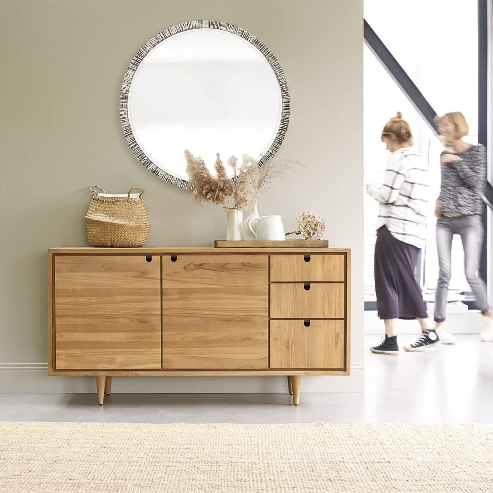 35" Wood Round Mirror, Rustic Wall Mirror with Thick Frame, Large Round Mirror for Wall Decor, Wooden Circle Beveled Mirror for Entryway, Farmhouse, Washed White