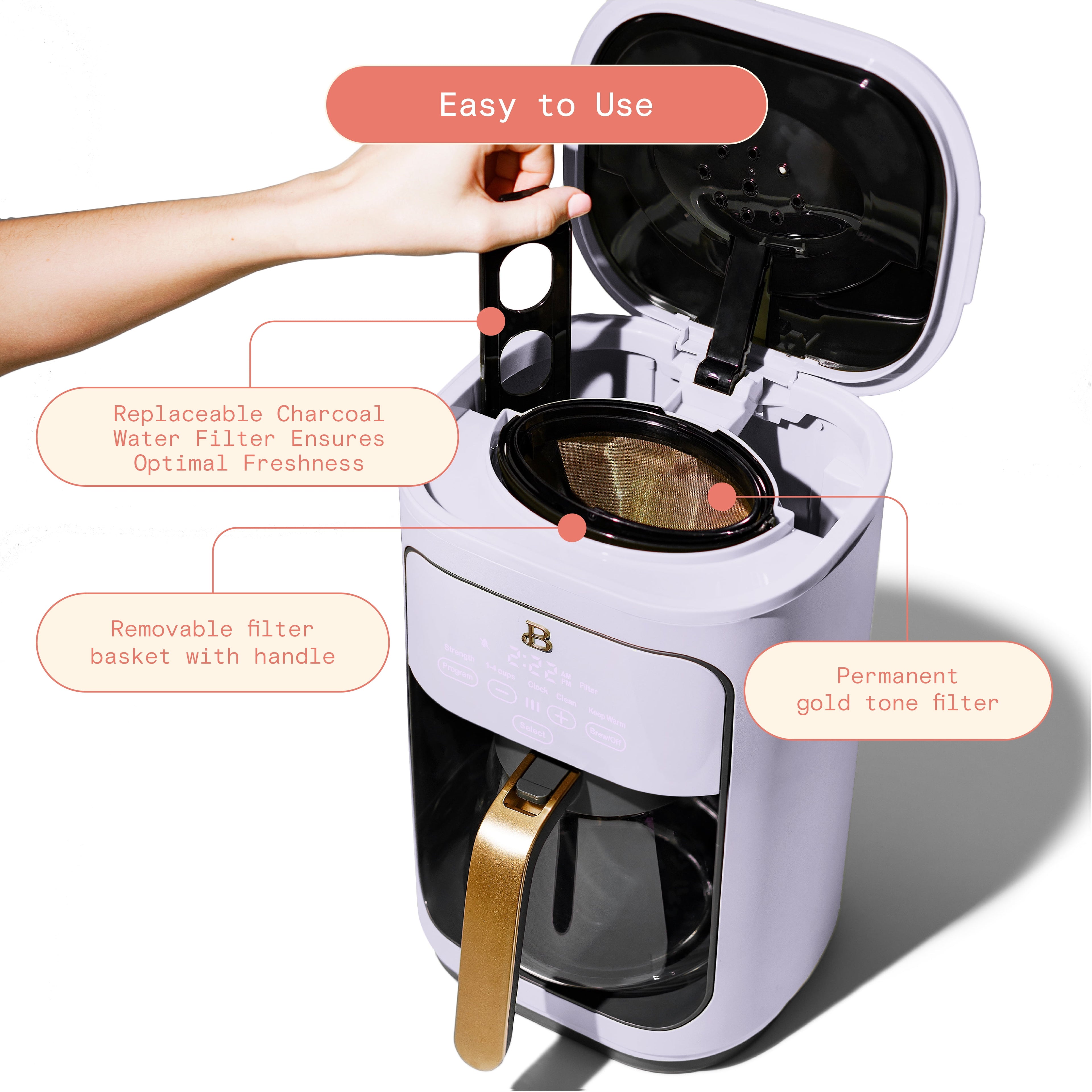 Beautiful 14-Cup Programmable Drip Coffee Maker with Touch-Activated Display, White Icing by Drew Barrymore