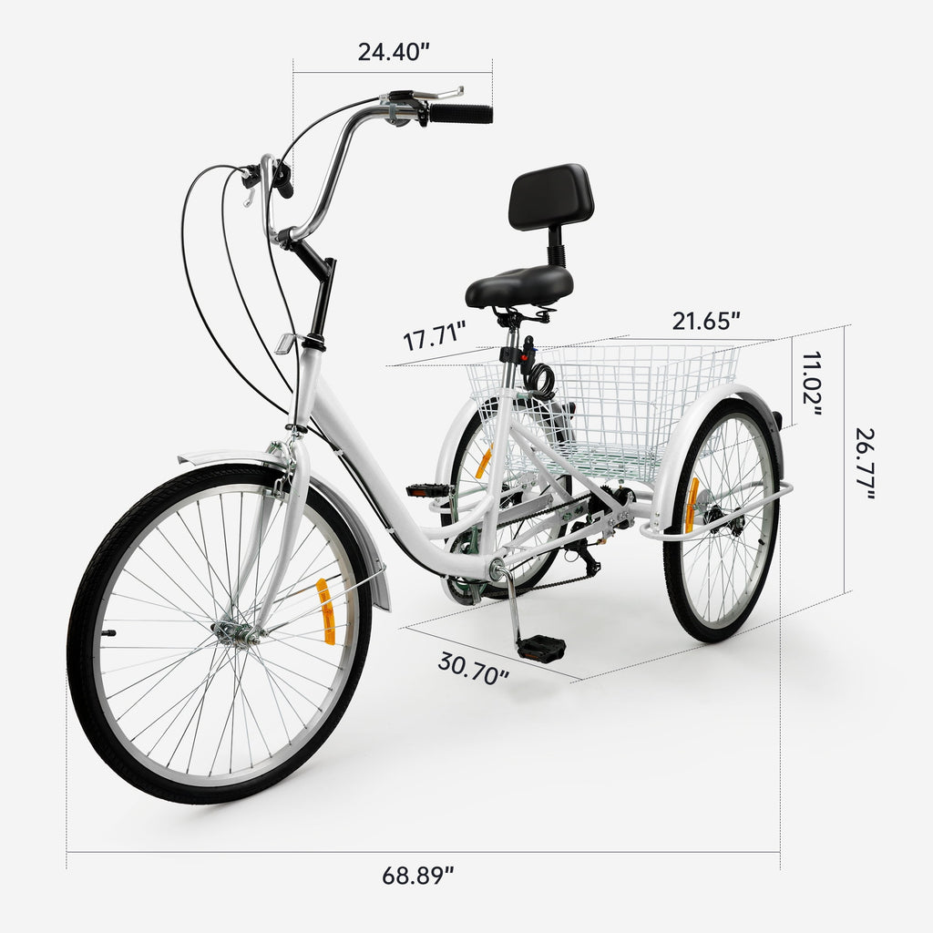 ARTUDATECH 7-Speed Adult Tricycle 24" Purple Three-Wheeled 3 Wheel Cruiser Bike with Seat and Rear Basket for Shopping,Commuting,Camping