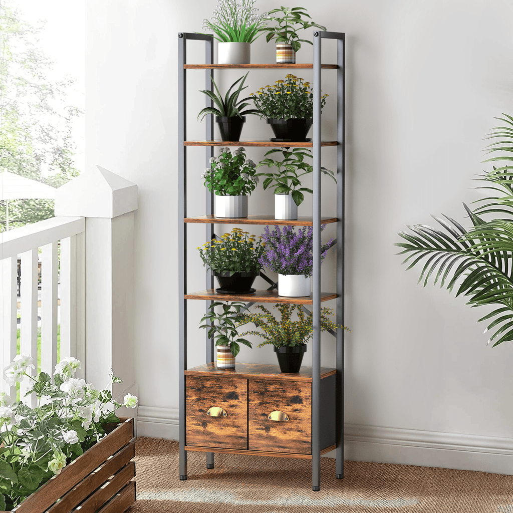 BEHOST Bookshelf with 6 Tiers, Tall Bookcase 70in with 2 Fabric Drawers, Wood Shelves for Home, Office, 1 Pack, Rustic Brown